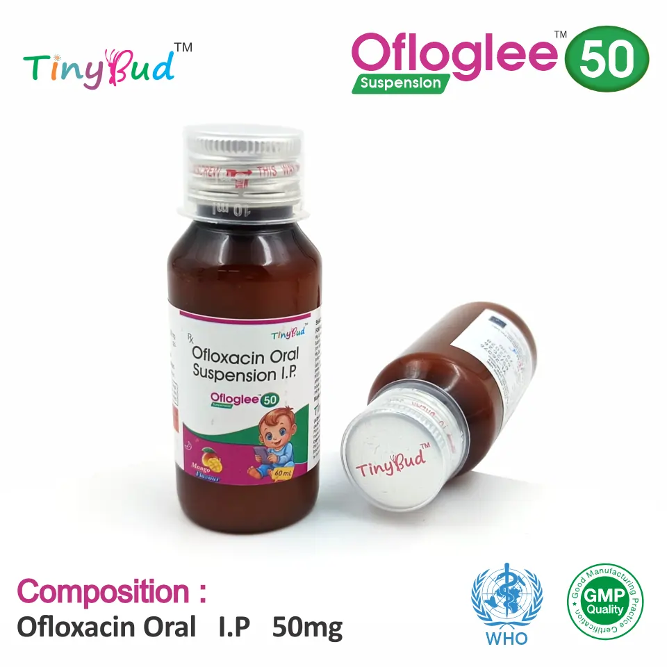 Ofloxacin 50mg/5ml Suspension at the best price in PCD Pharma Franchise for Antibiotic, Pediatric Bacterial Infection Treatment.